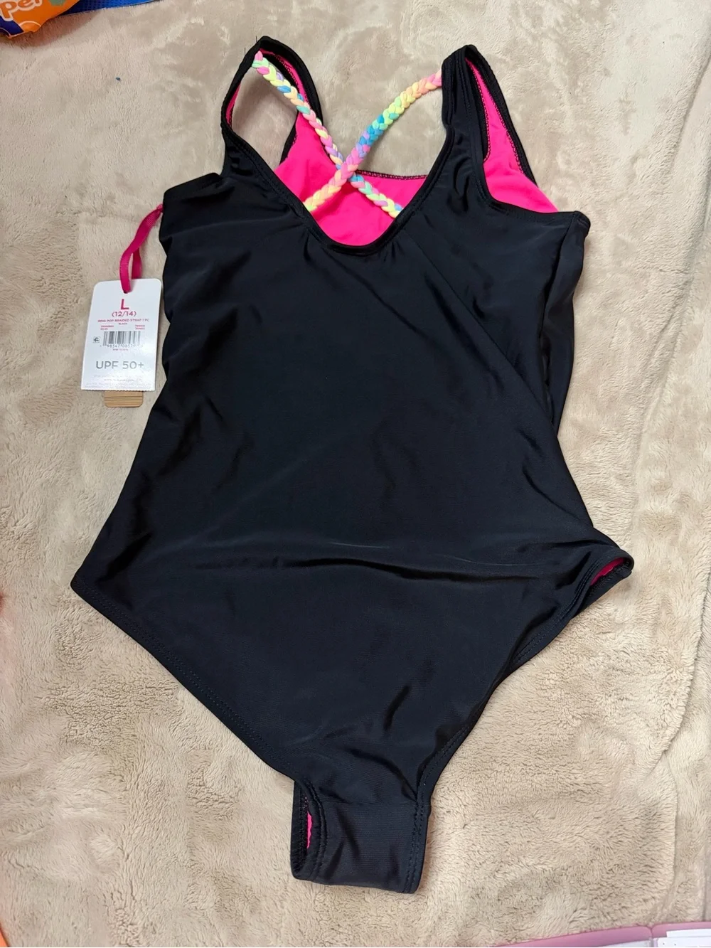 Justice Black One-Piece Swimsuit with Rainbow Ring Pop Graphic Sz 12/14